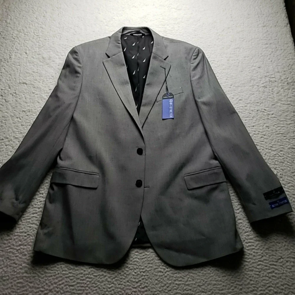 Nautica Suit Jacket Mens 44L Gray Gaff Active Stretch 2 Button Notch Lapel